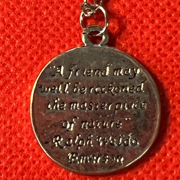 Ralph Waldo Emerson Friend Quote with Tree Round Silver Tone Pendant Necklace - Picture 2 of 5